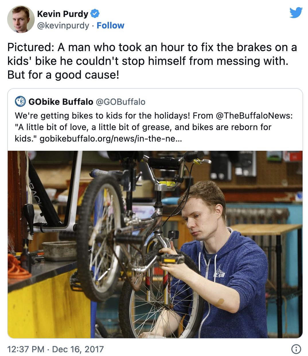 Pictured: A man who took an hour to fix the brakes on a kids' bike he couldn't stop himself from messing with. But for a good cause!