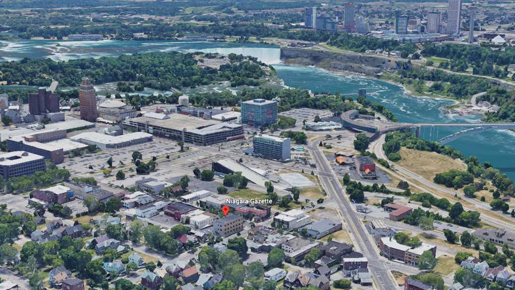 Niagara Gazette on Google Earth view, Niagara Falls in background