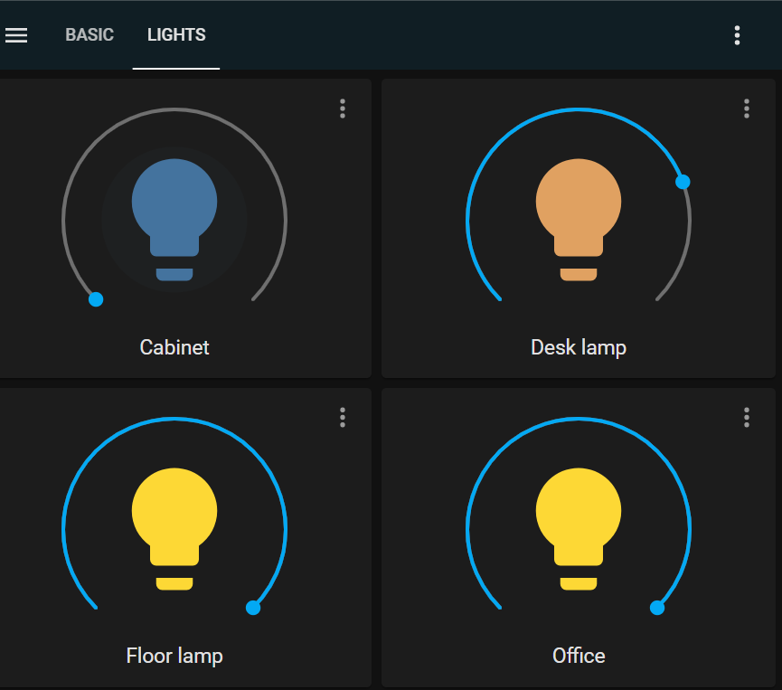 "Lights" panel in a Home Assistant dashboard
