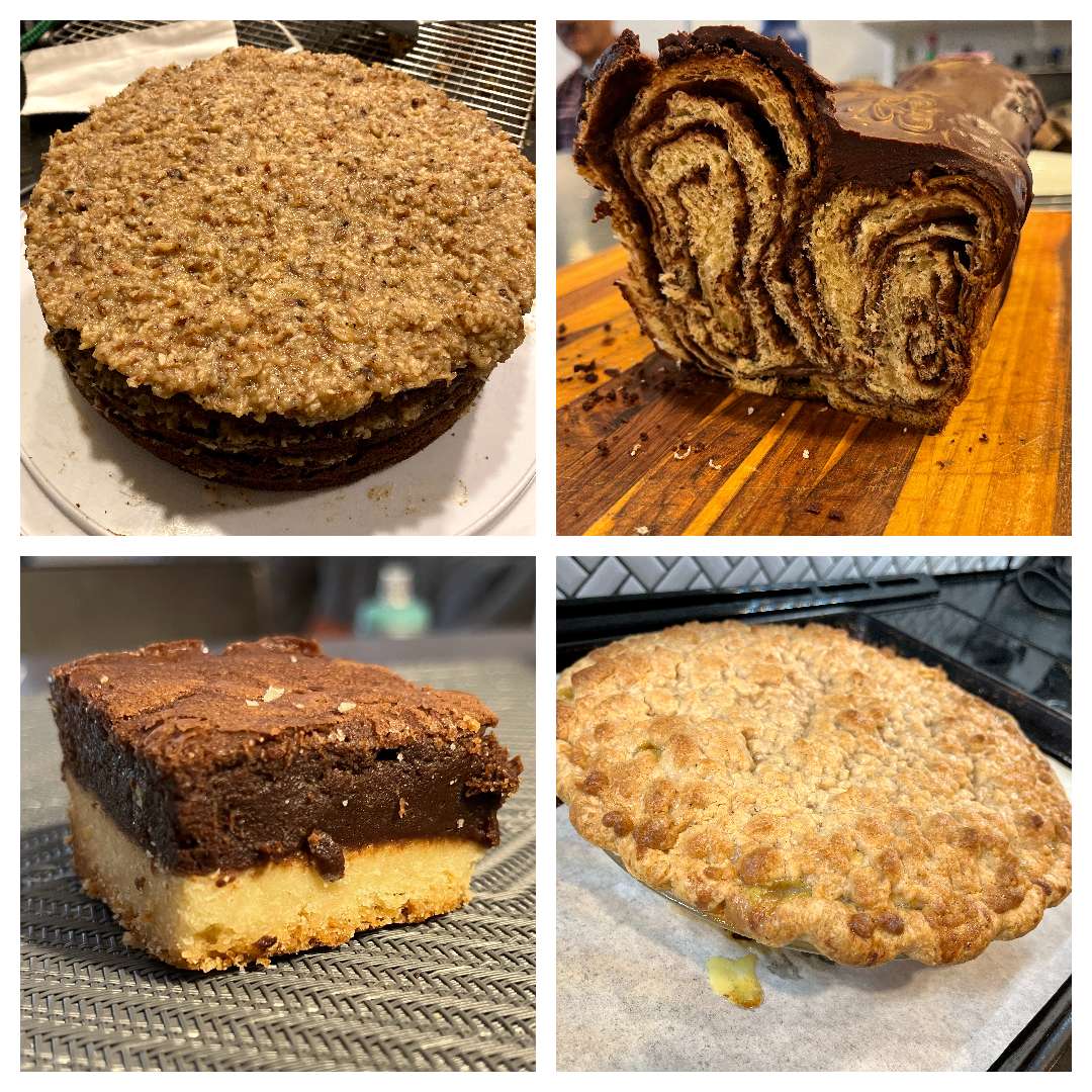 Four baked goods: German chocolate cake, chocolate babka, shortbread with brownies, crumb-top apple pie